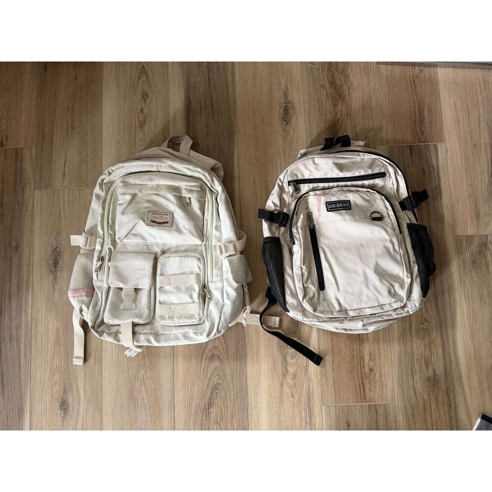 TWO 17" Cream & Pink Kids School Backpacks Bundle Lot by Hey Yoo & Mirlewaiy